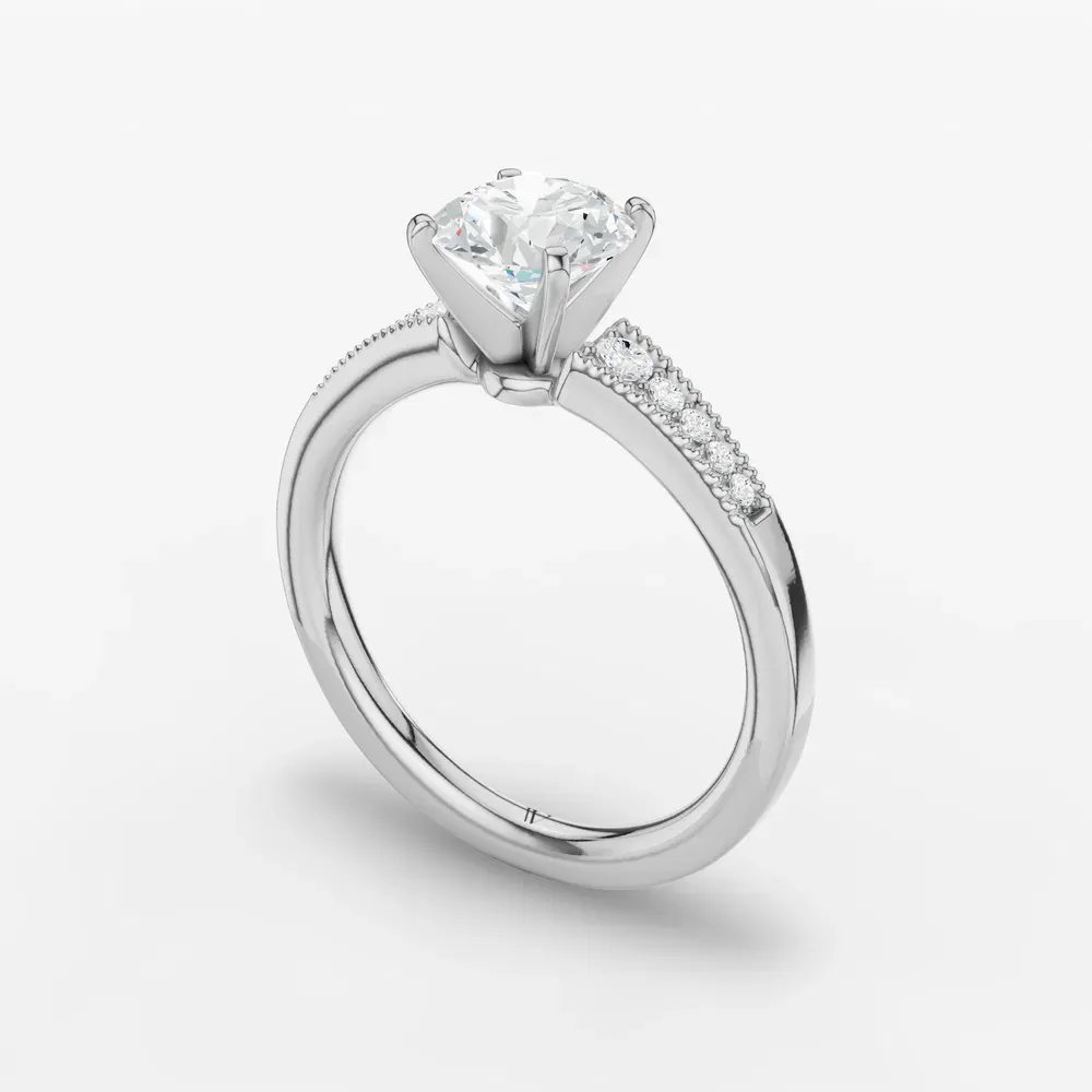 Certified 1 carat Lab Grown Diamond Round Cut Milgrain, Pavé, Four Prong Engagement Ring in 14K White Gold-Rosca