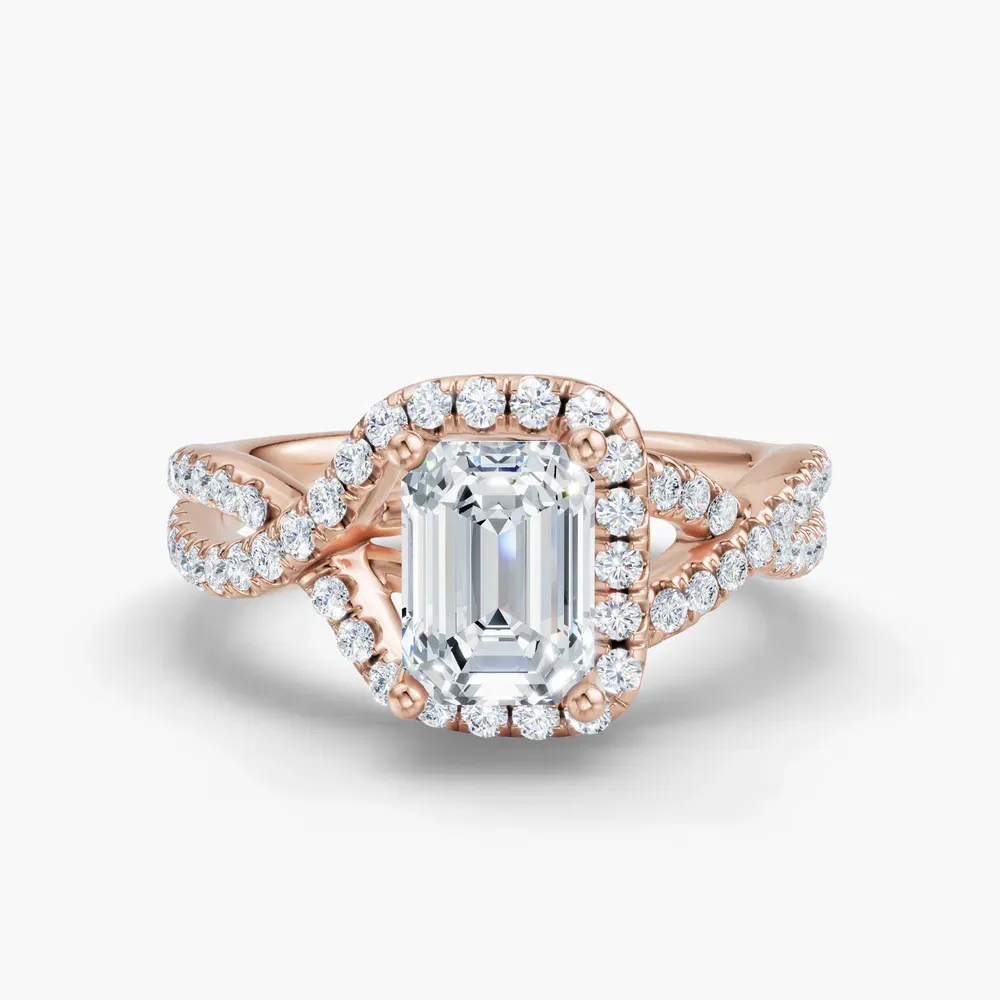 Certified 1 carat Lab Grown Diamond Emerald Cut Unique, Pavé, Halo Engagement Ring in 14K Rose Gold-Stellune