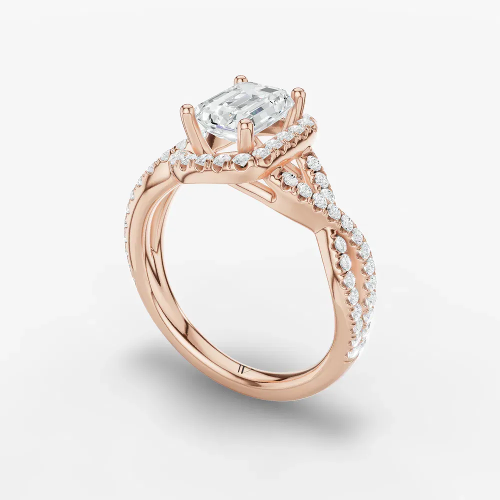 Certified 1 carat Lab Grown Diamond Emerald Cut Unique, Pavé, Halo Engagement Ring in 14K Rose Gold-Stellune