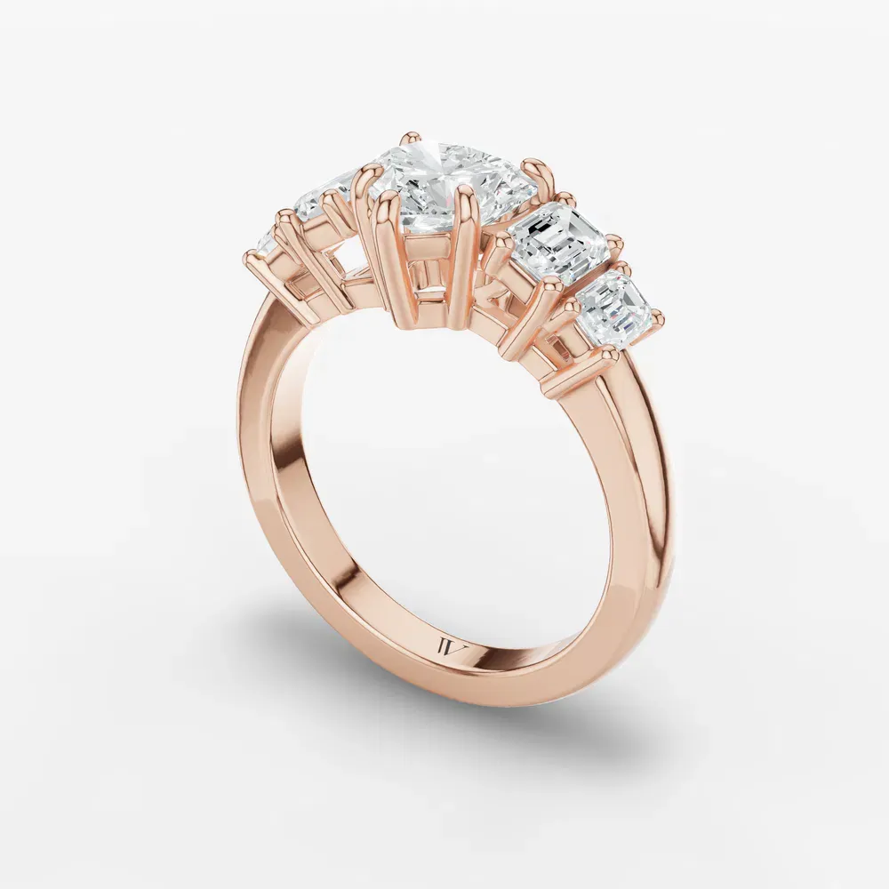 Certified 1 carat Lab Grown Diamond Heart Cut Five Stone, Side Stone Engagement Ring in 14K Rose Gold-Osvh