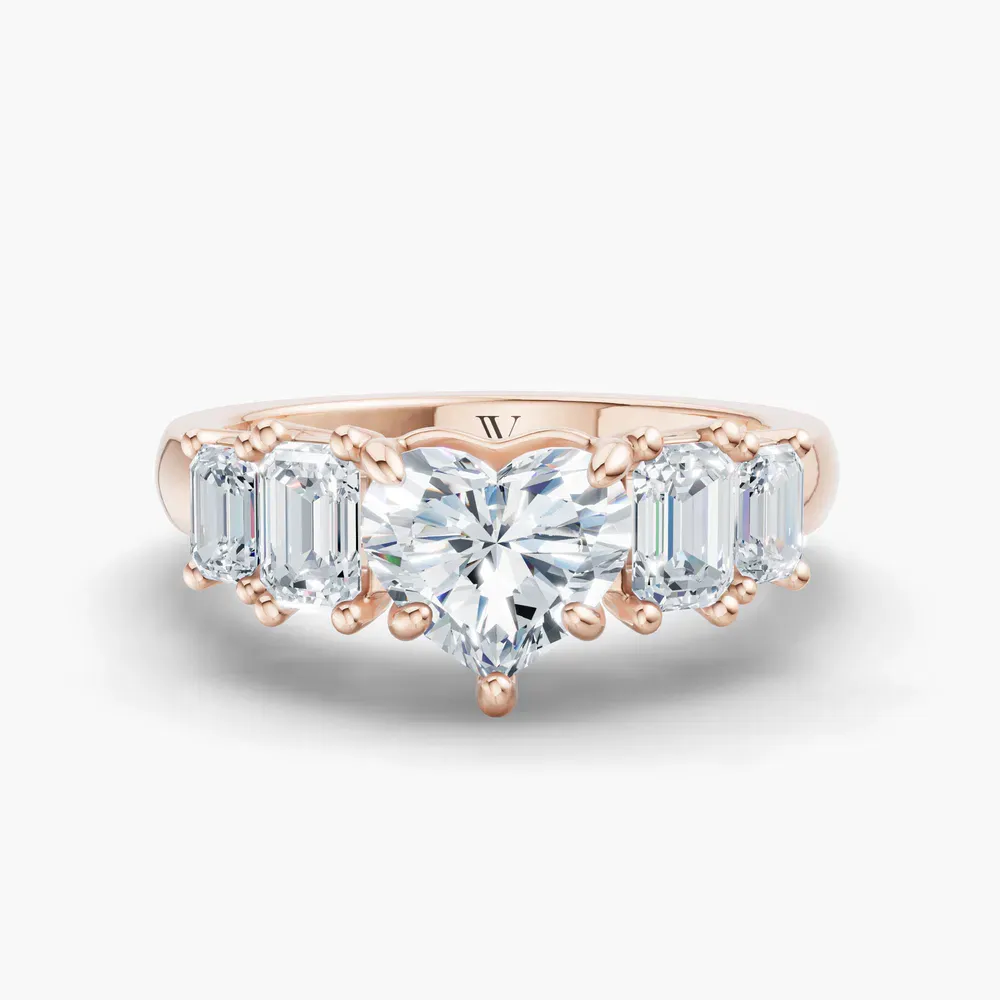 Certified 1 carat Lab Grown Diamond Heart Cut Five Stone, Side Stone Engagement Ring in 14K Rose Gold-Osvh