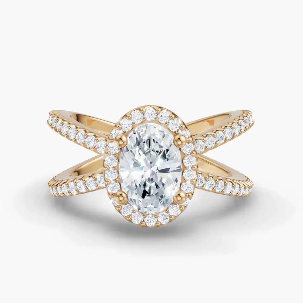 Certified 1 carat Lab Grown Diamond Oval Cut Pavé, Halo, Split Shank Engagement Ring in 14K Yellow Gold-Xylius