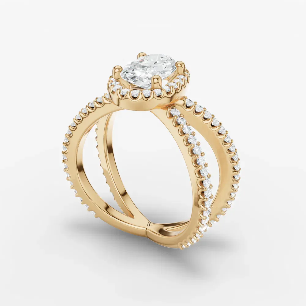 Certified 1 carat Lab Grown Diamond Oval Cut Pavé, Halo, Split Shank Engagement Ring in 14K Yellow Gold-Xylius