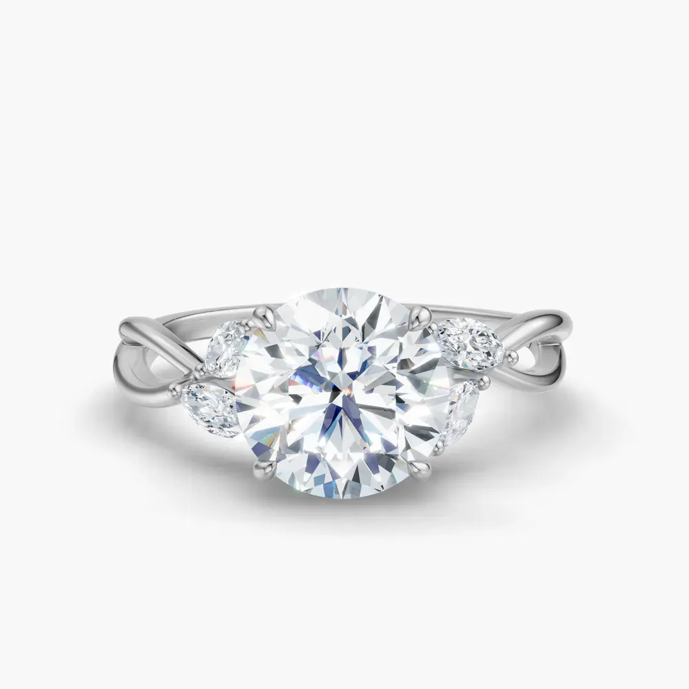 Certified 1 carat Lab Grown Diamond Round Cut Twist, Split Shank, Side Stone Engagement Ring in 14K White Gold-Mena