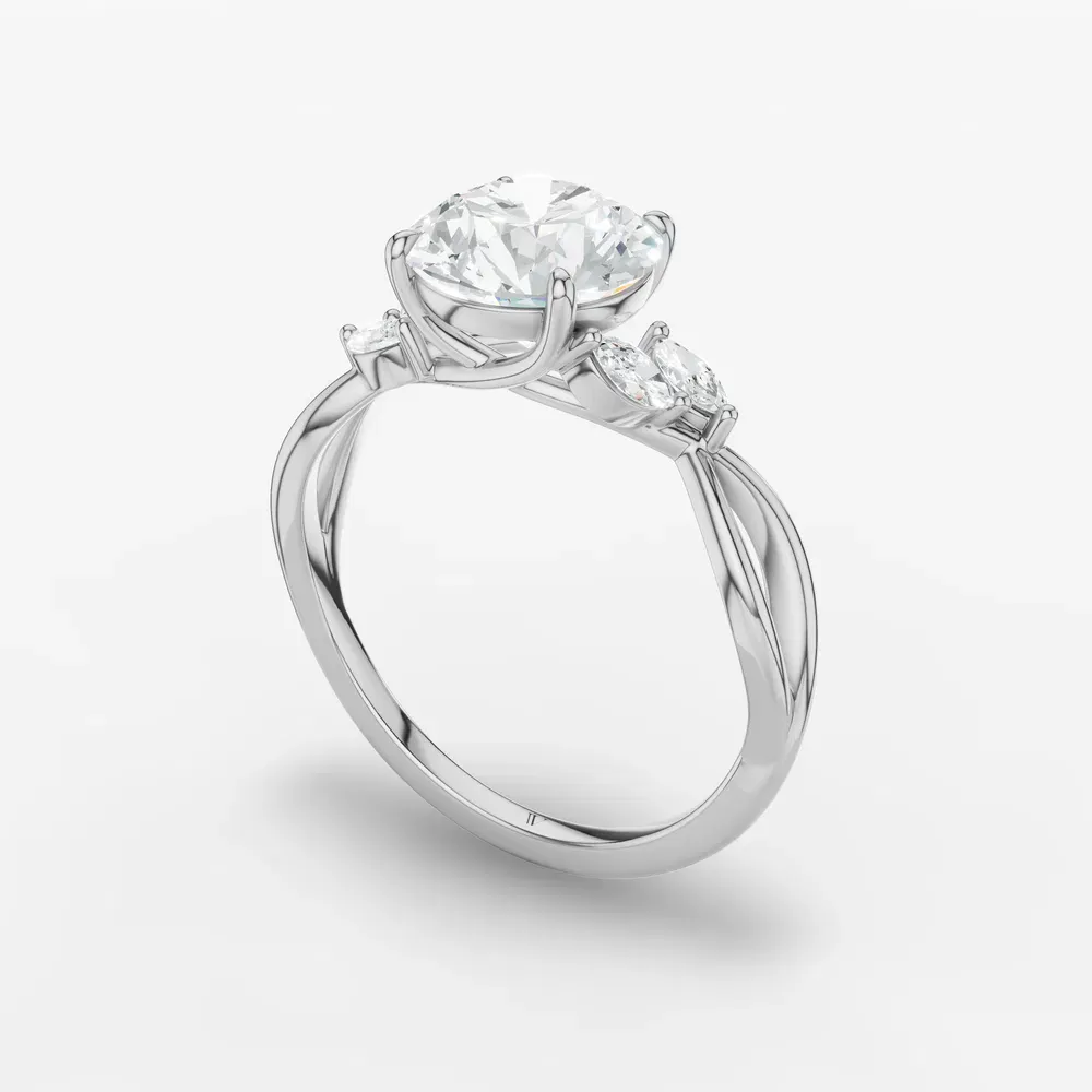 Certified 1 carat Lab Grown Diamond Round Cut Twist, Split Shank, Side Stone Engagement Ring in 14K White Gold-Mena