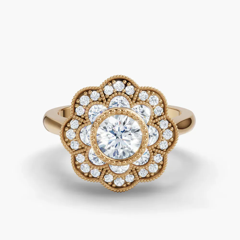 Certified 0.5 carat Lab Grown Diamond Round Cut Floral, Art Deco, Milgrain Engagement Ring in 14K Yellow Gold-Novaen