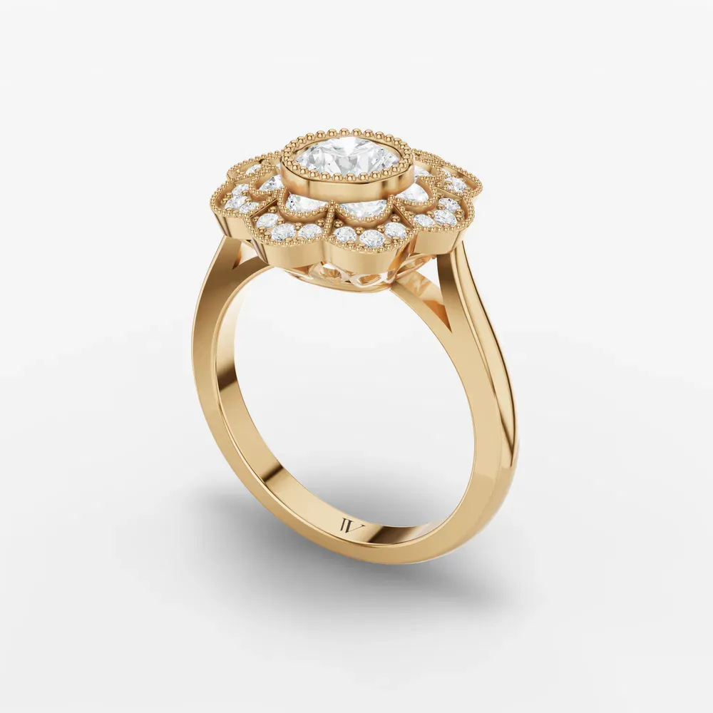 Certified 0.5 carat Lab Grown Diamond Round Cut Floral, Art Deco, Milgrain Engagement Ring in 14K Yellow Gold-Novaen