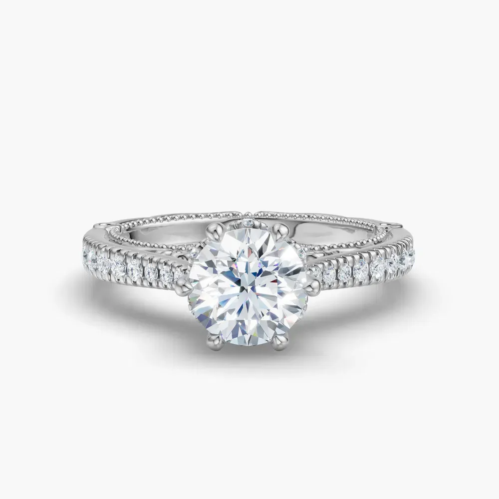 Certified 1 carat Lab Grown Diamond Round Cut Milgrain, Filigree, Nature inspired Engagement Ring in 14K White Gold-Vespera