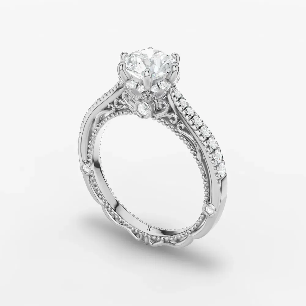 Certified 1 carat Lab Grown Diamond Round Cut Milgrain, Filigree, Nature inspired Engagement Ring in 14K White Gold-Vespera