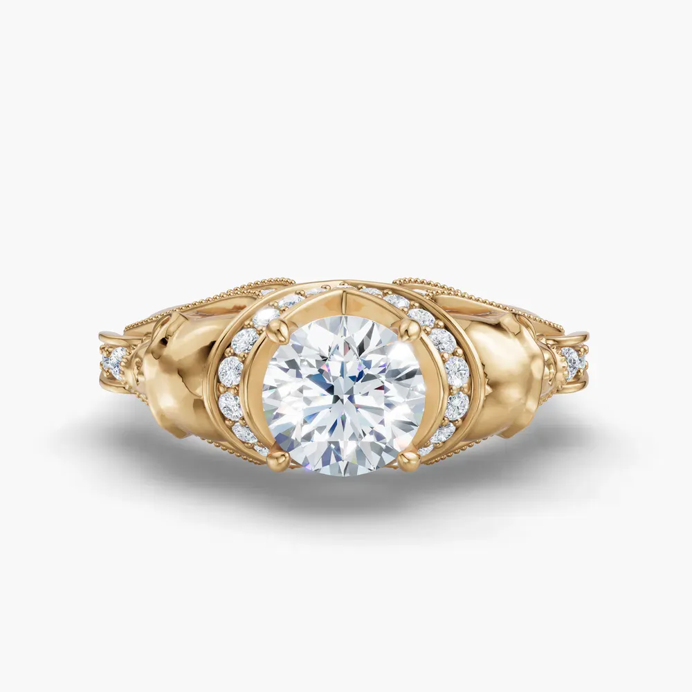 Certified 1 carat Lab Grown Diamond Round Cut Gothic, Milgrain, Side Stone Engagement Ring in 14K Yellow Gold-Coralie