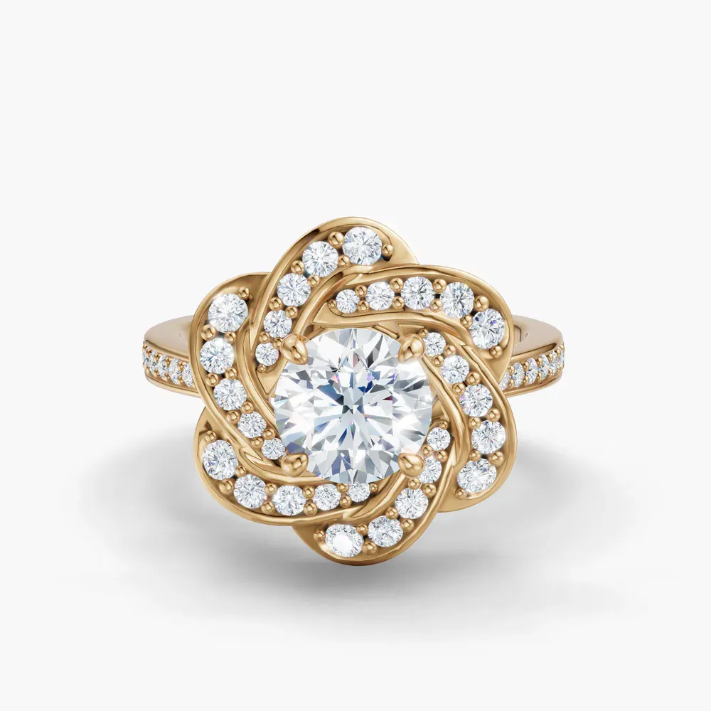 Certified 1 carat Lab Grown Diamond Round Cut Floral, Nature inspired, Cathedral Engagement Ring in 14K Yellow Gold-Vorina