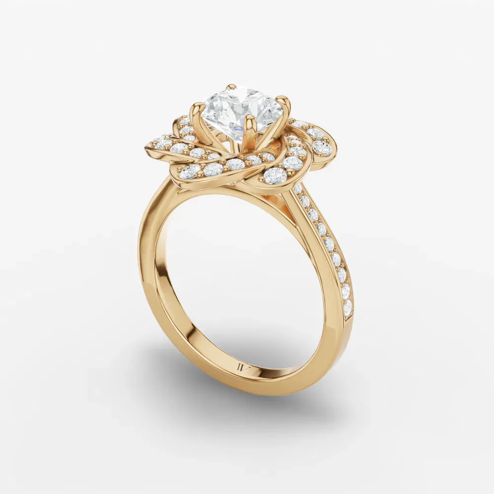 Certified 1 carat Lab Grown Diamond Round Cut Floral, Nature inspired, Cathedral Engagement Ring in 14K Yellow Gold-Vorina