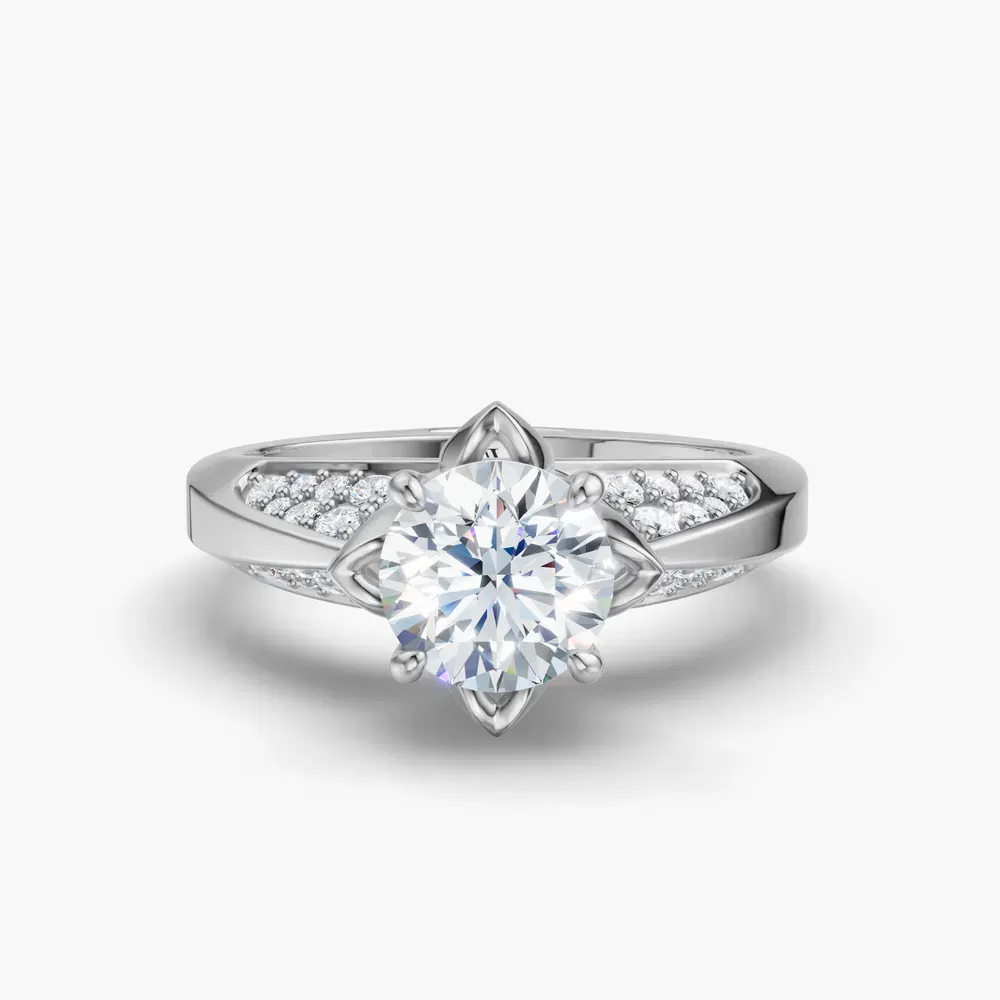 Certified 1 carat Lab Grown Diamond Round Cut Nature inspired, Floral, Vintage Engagement Ring in 14K White Gold-Tulip