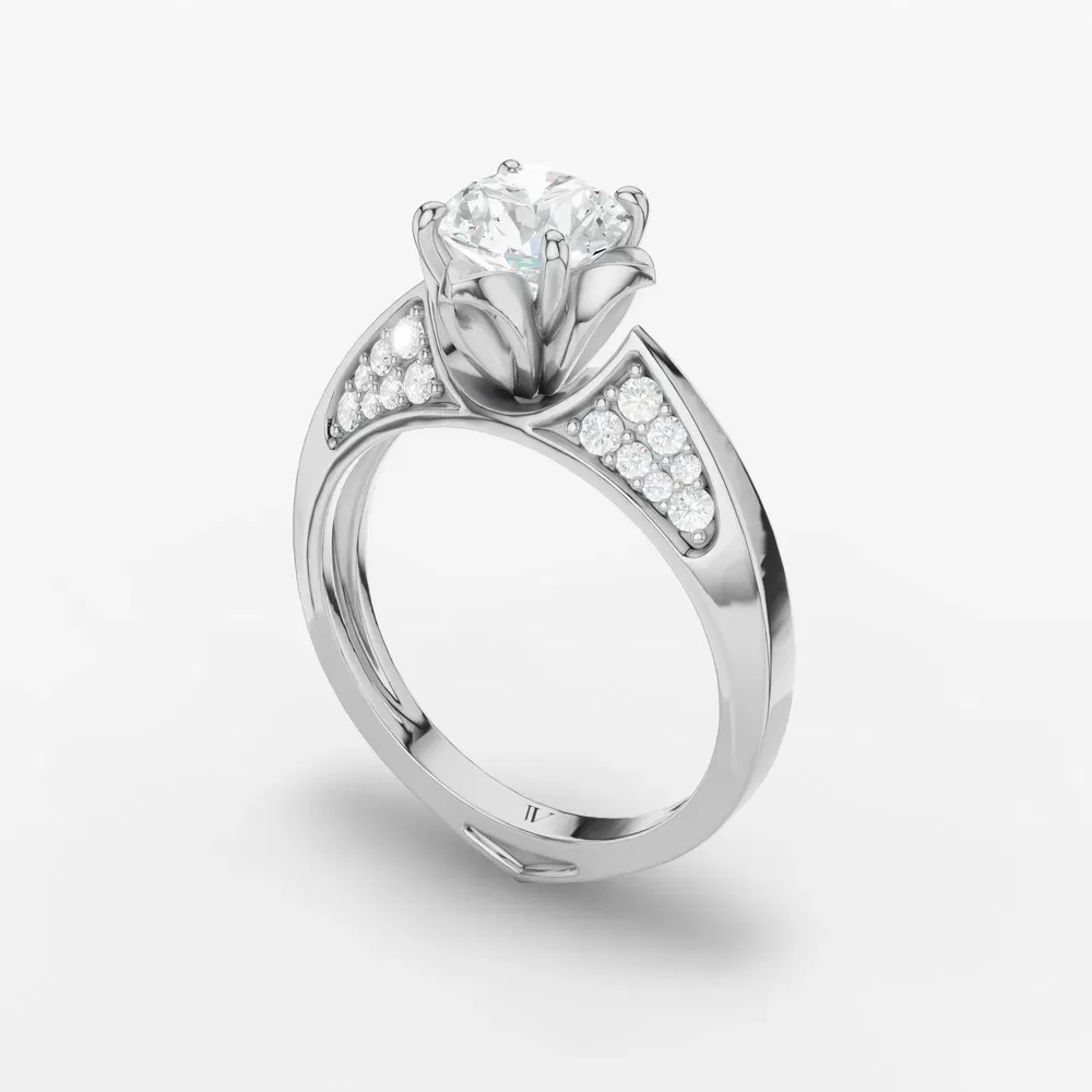 Certified 1 carat Lab Grown Diamond Round Cut Nature inspired, Floral, Vintage Engagement Ring in 14K White Gold-Tulip