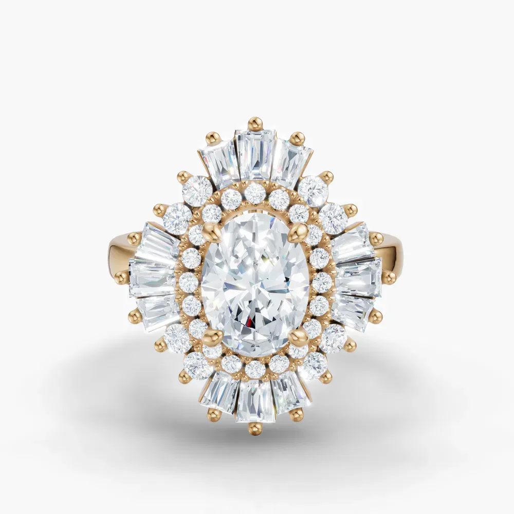 Certified 1.5 carat Lab Grown Diamond Oval Cut Double halo, Baguette, Floral Engagement Ring in 14K Yellow Gold-Dawn