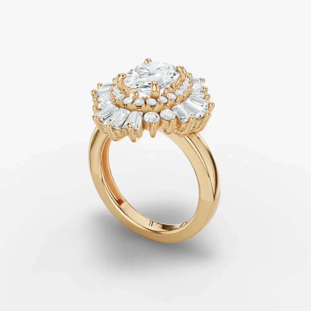 Certified 1.5 carat Lab Grown Diamond Oval Cut Double halo, Baguette, Floral Engagement Ring in 14K Yellow Gold-Dawn