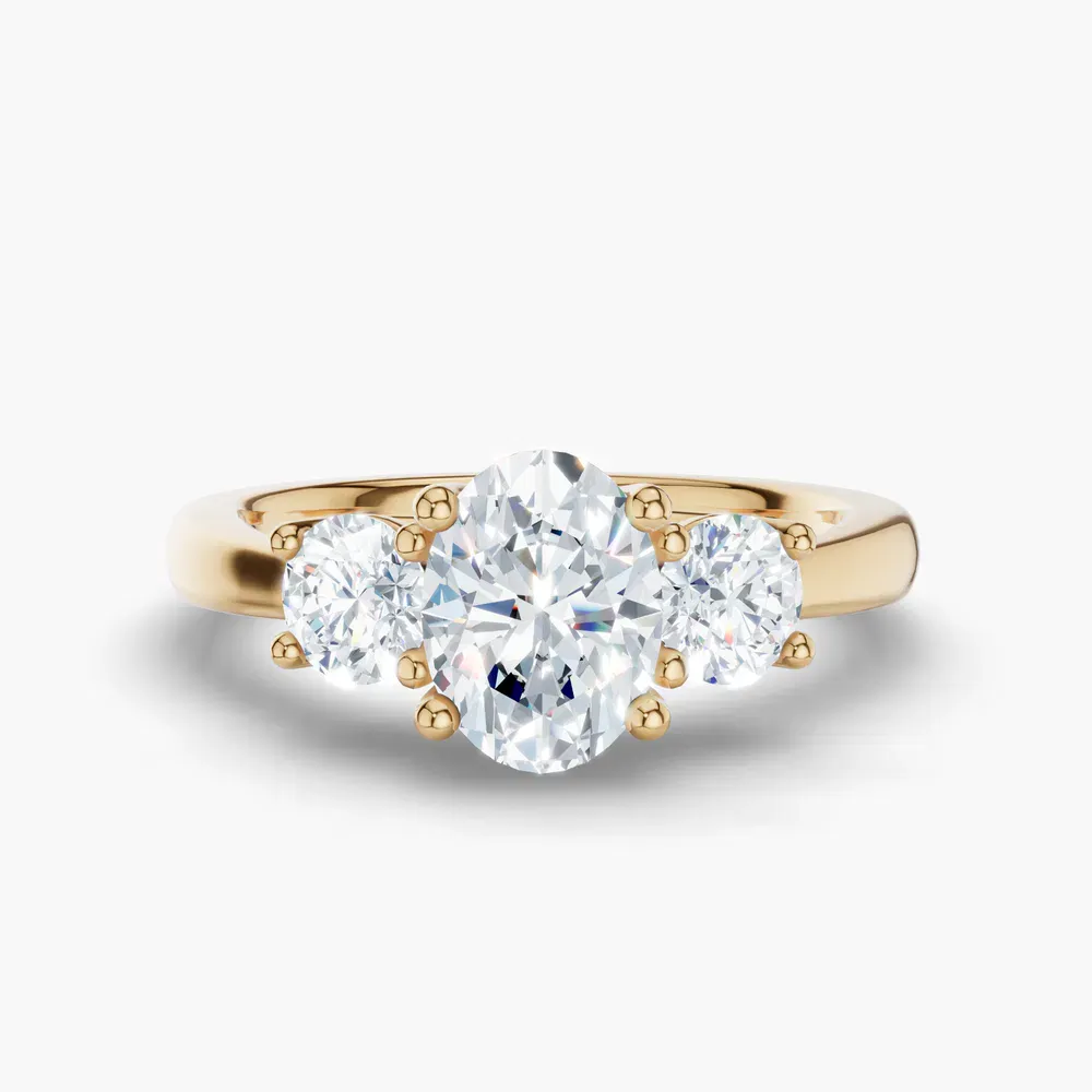 Certified 1 carat Lab Grown Diamond Oval Cut Three Stone, Side Stone, Low profile Engagement Ring in 14K Yellow Gold-Valeri