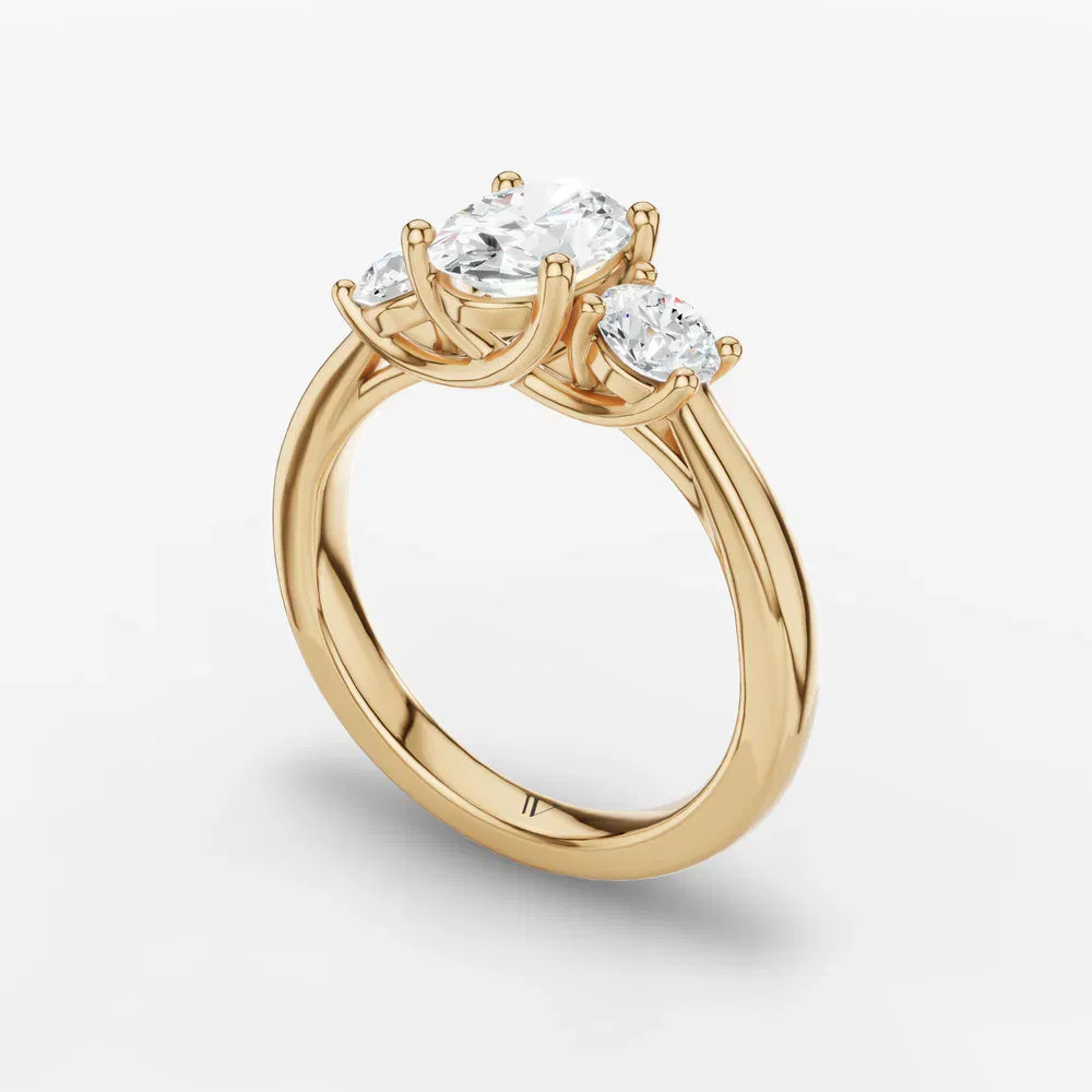 Certified 1 carat Lab Grown Diamond Oval Cut Three Stone, Side Stone, Low profile Engagement Ring in 14K Yellow Gold-Valeri