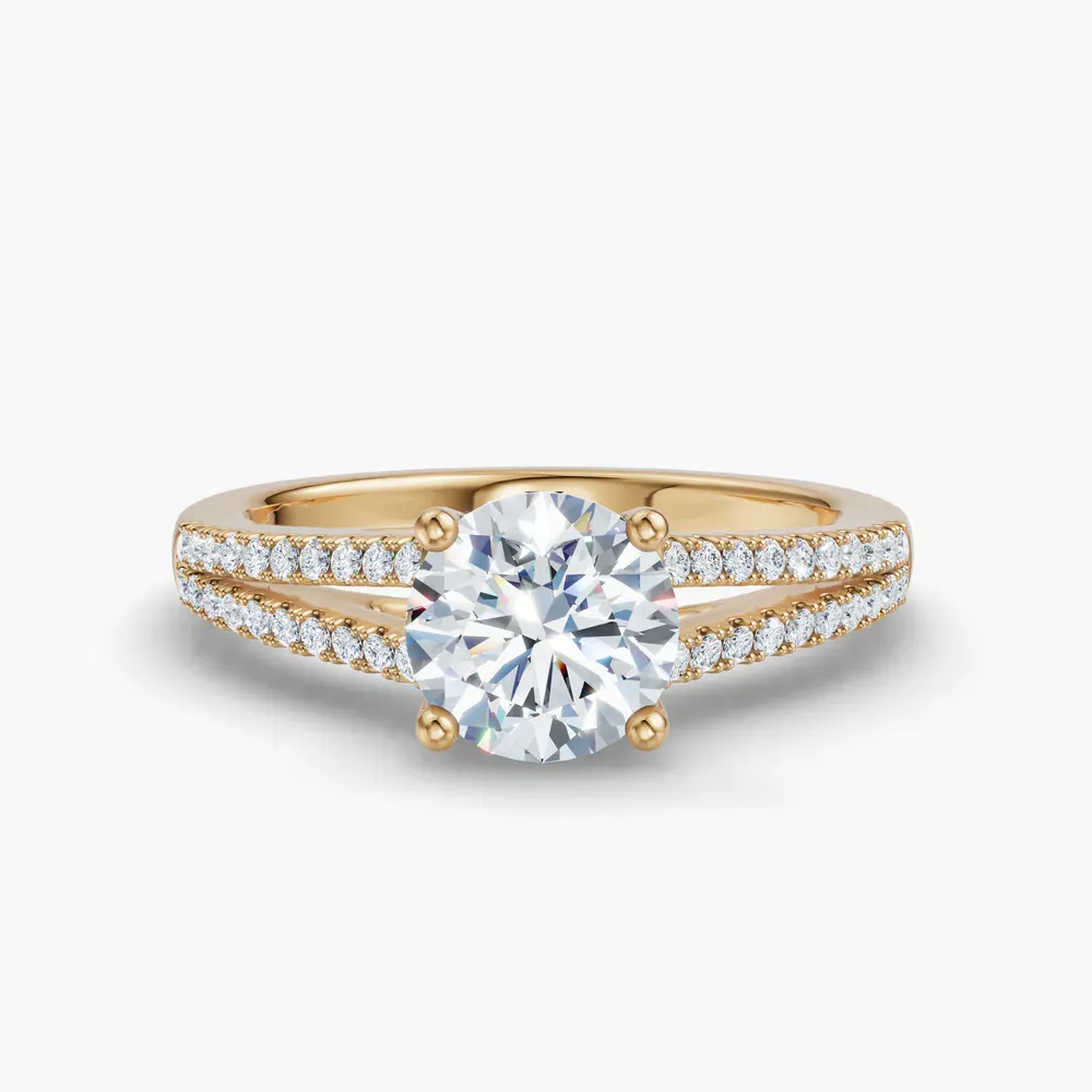 Certified 1 carat Lab Grown Diamond Round Cut Pavé, Cathedral, Split Shank Engagement Ring in 14K Yellow Gold-Lumy