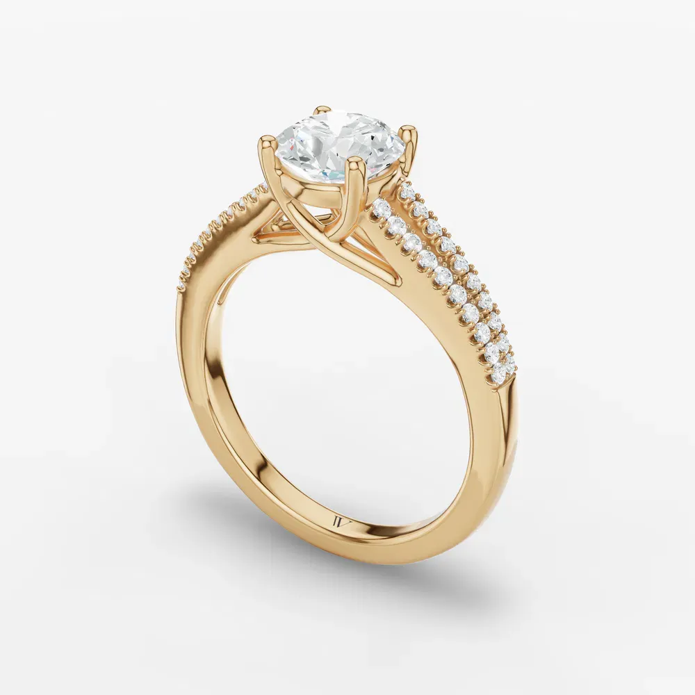 Certified 1 carat Lab Grown Diamond Round Cut Pavé, Cathedral, Split Shank Engagement Ring in 14K Yellow Gold-Lumy
