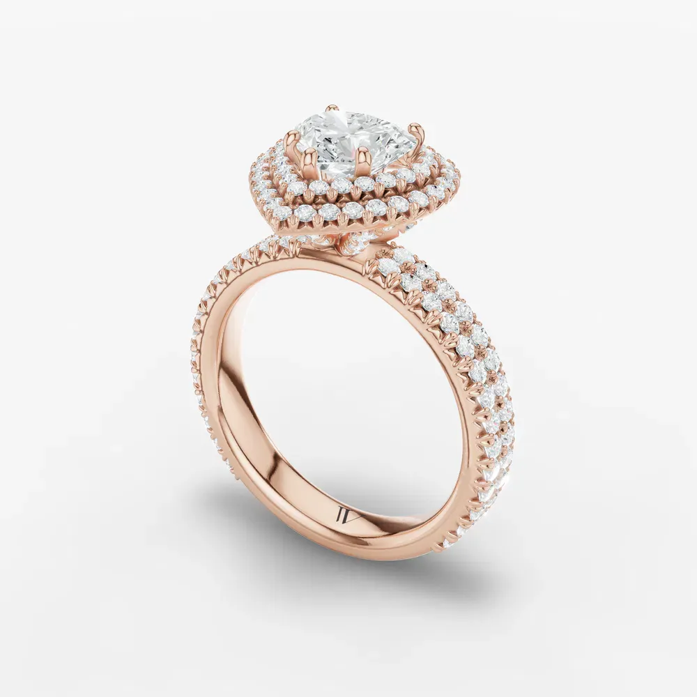 Certified 1 carat Lab Grown Diamond Heart Cut Pavé, Halo, Hidden Halo Engagement Ring in 14K Rose Gold-Caela