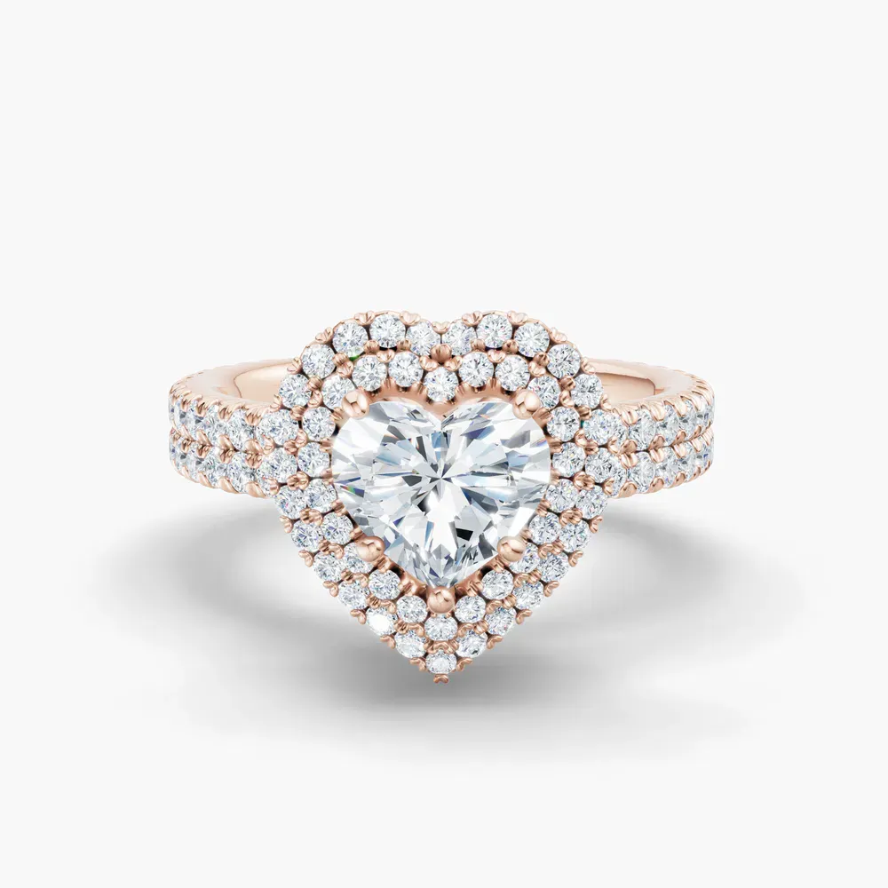 Certified 1 carat Lab Grown Diamond Heart Cut Pavé, Halo, Hidden Halo Engagement Ring in 14K Rose Gold-Caela