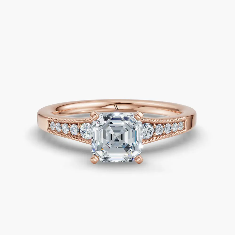 Certified 1 carat Lab Grown Diamond Asscher Cut Milgrain, Pavé, Side Stone Engagement Ring in 14K Rose Gold-Rosca