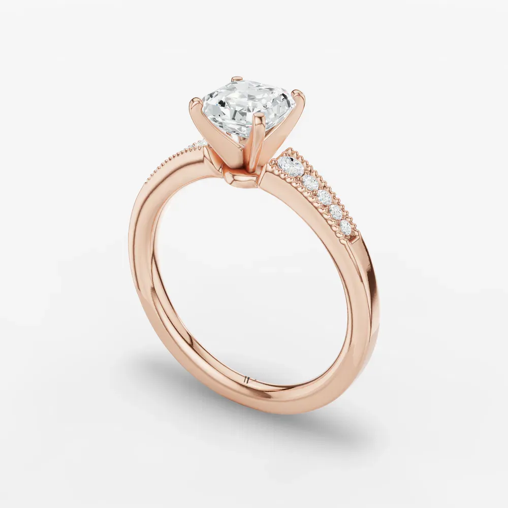 Certified 1 carat Lab Grown Diamond Asscher Cut Milgrain, Pavé, Side Stone Engagement Ring in 14K Rose Gold-Rosca
