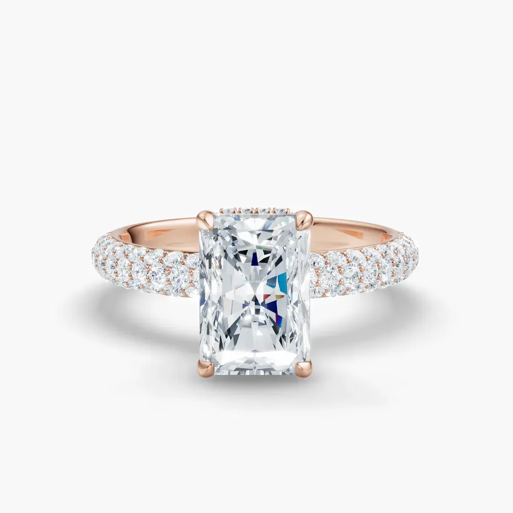 Certified 2 carat Lab Grown Diamond Radiant Cut Pavé, Hidden Halo Engagement Ring in 14K Rose Gold-Lyre