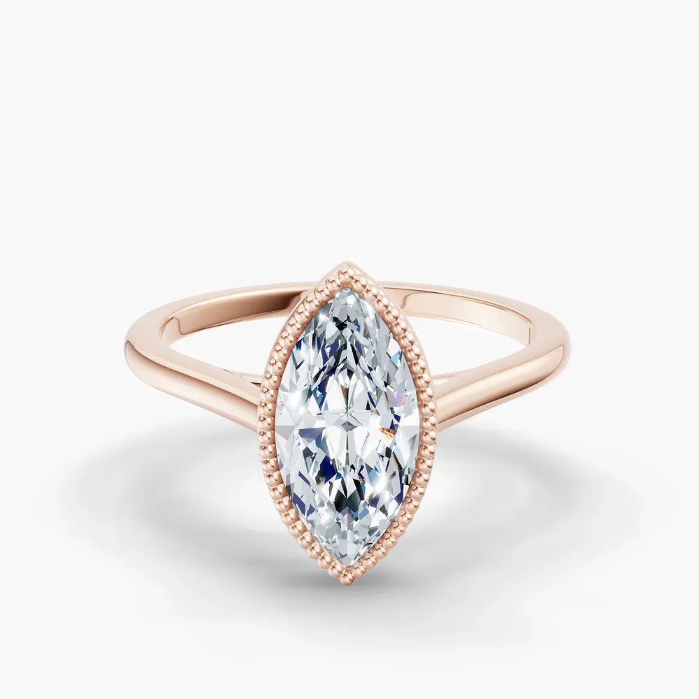 Certified 1 carat Lab Grown Diamond Marquise Cut Solitaire, Milgrain, Cathedral Engagement Ring in 14K Rose Gold-Firen