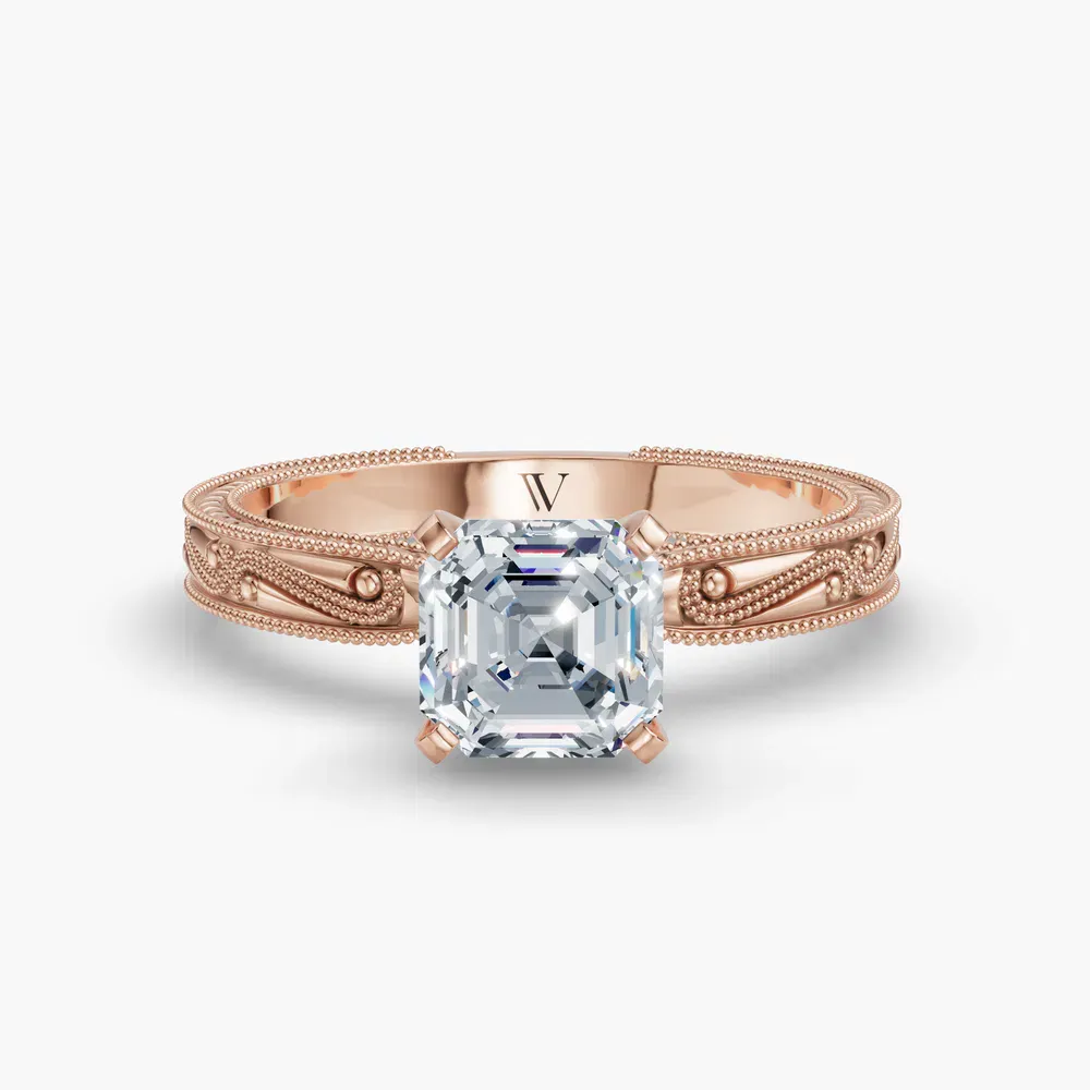 Certified 1 carat Lab Grown Diamond Asscher Cut Solitaire, Milgrain, Vintage Engagement Ring in 14K Rose Gold-Lirae