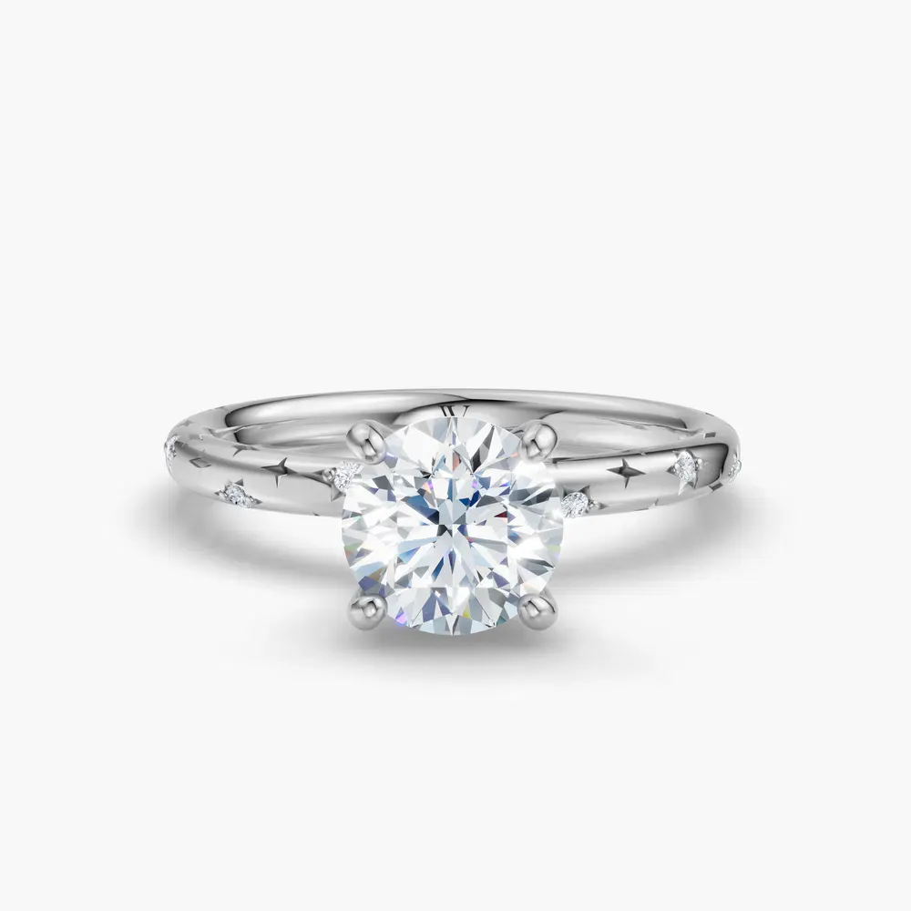 Certified 1 carat Lab Grown Diamond Round Cut Hidden Halo, Unique, Side Stone Engagement Ring in 14K White Gold-Celestyn