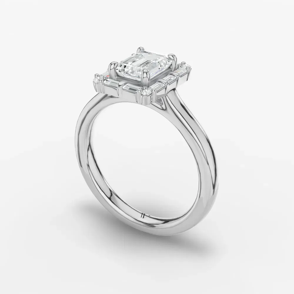 Certified 1 carat Lab Grown Diamond Emerald Cut Art Deco, Halo, Baguette Engagement Ring in 14K White Gold-Miriel
