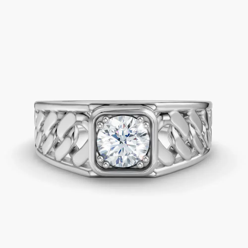 Certified 0.5 carat Lab Grown Diamond Round Cut Men's Engagement Ring in 14K White Gold-Cuban