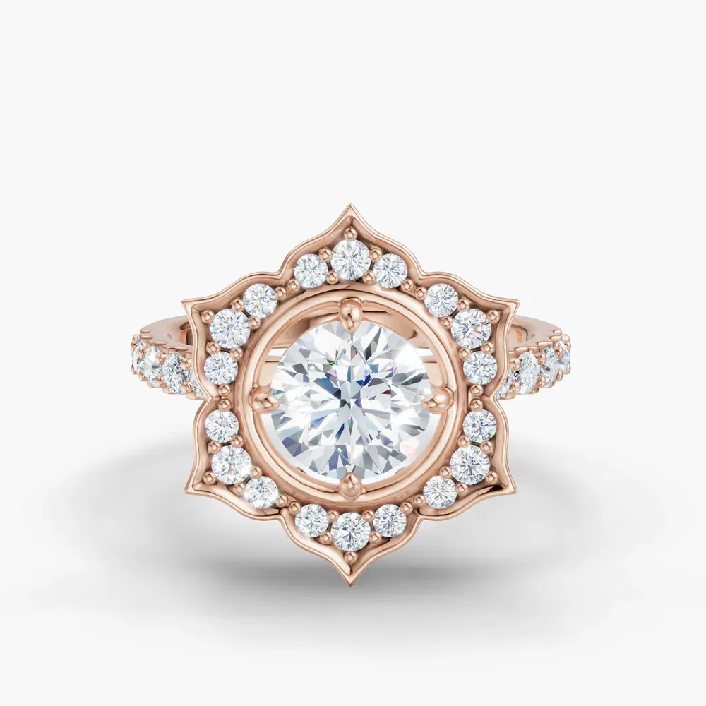 Certified 1 carat Lab Grown Diamond Round Cut Floral, Halo, Four Prong Engagement Ring in 14K Rose Gold-Dew
