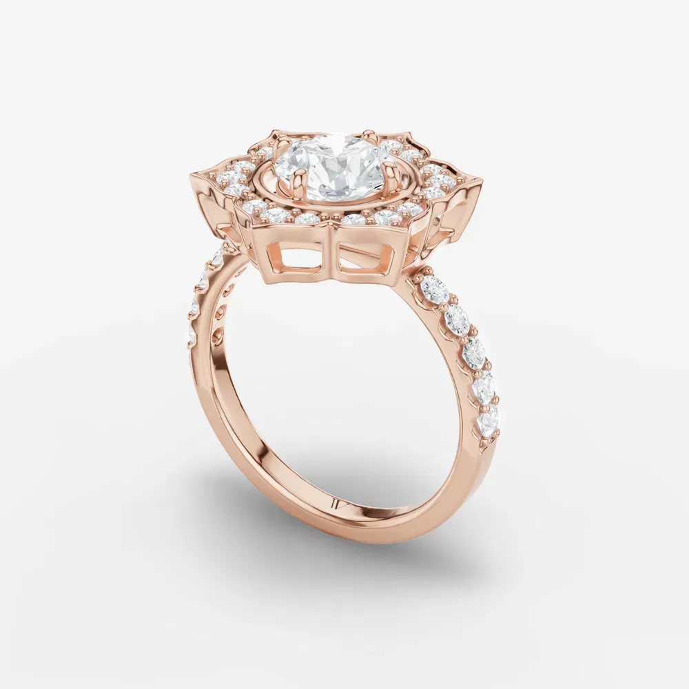 Certified 1 carat Lab Grown Diamond Round Cut Floral, Halo, Four Prong Engagement Ring in 14K Rose Gold-Dew