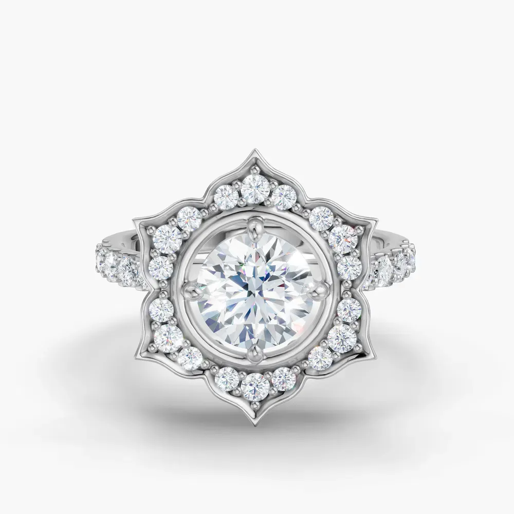 Certified 1 carat Lab Grown Diamond Round Cut Floral, Halo, Four Prong Engagement Ring in 14K White Gold-Dew