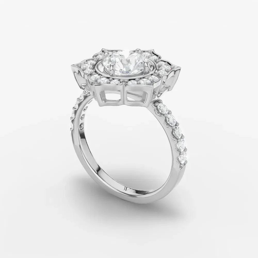 Certified 1 carat Lab Grown Diamond Round Cut Floral, Halo, Four Prong Engagement Ring in 14K White Gold-Dew