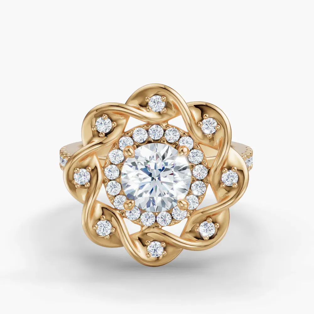Certified 1 carat Lab Grown Diamond Round Cut Floral, Double halo, Twist Engagement Ring in 14K Yellow Gold-Pebble