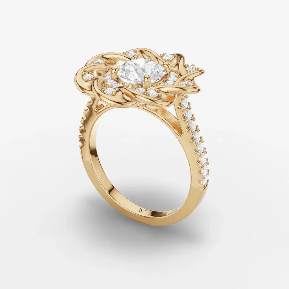 Certified 1 carat Lab Grown Diamond Round Cut Floral, Double halo, Twist Engagement Ring in 14K Yellow Gold-Pebble