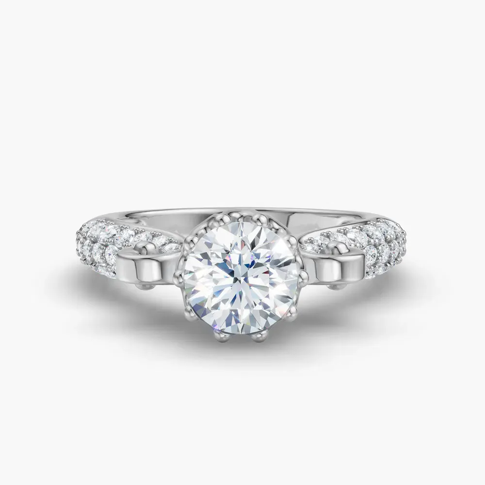 Certified 1 carat Lab Grown Diamond Round Cut Vintage, Unique, Pavé Engagement Ring in 14K White Gold-Mystic