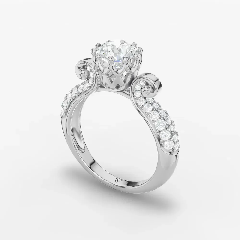 Certified 1 carat Lab Grown Diamond Round Cut Vintage, Unique, Pavé Engagement Ring in 14K White Gold-Mystic