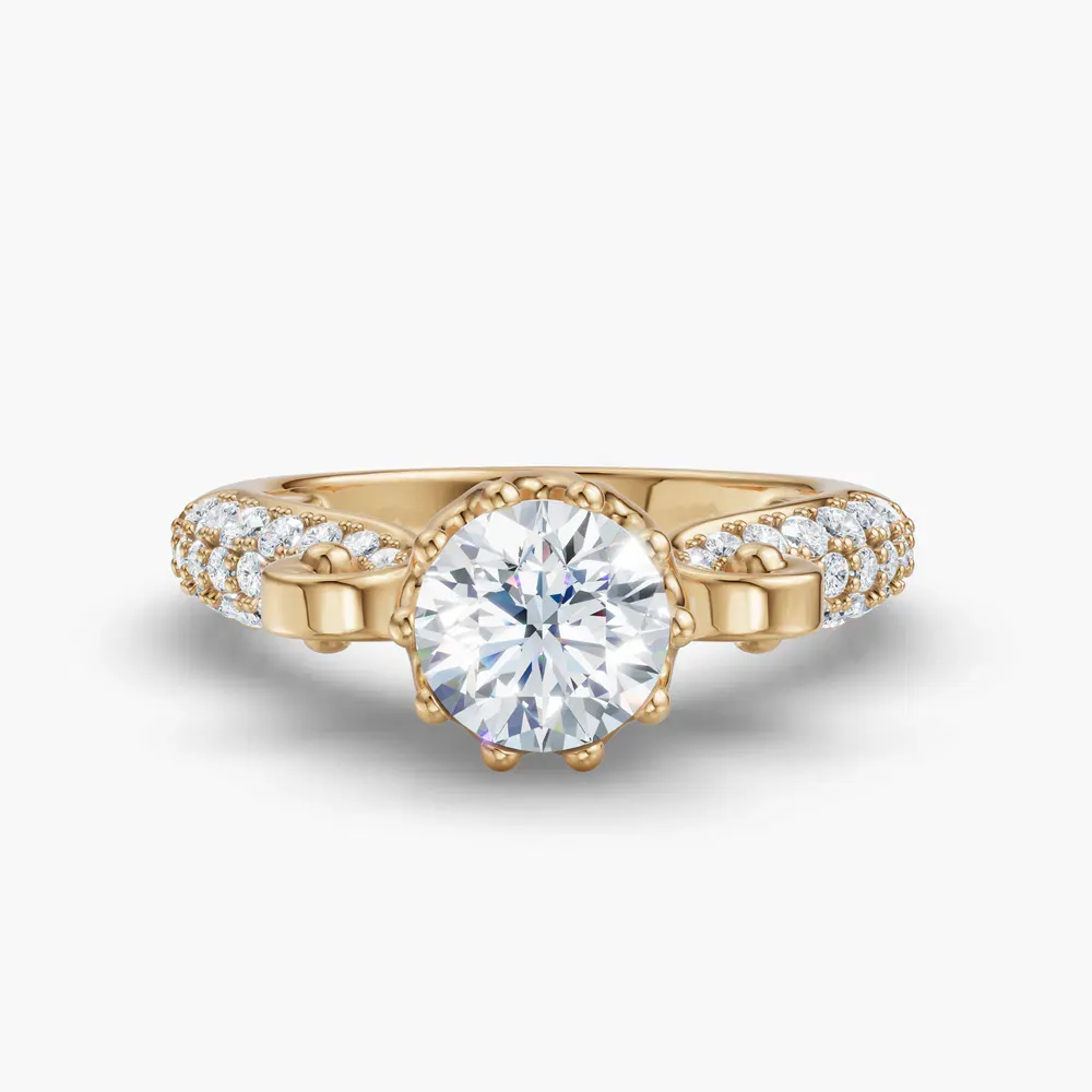 Certified 1 carat Lab Grown Diamond Round Cut Vintage, Unique, Pavé Engagement Ring in 14K Yellow Gold-Mystic