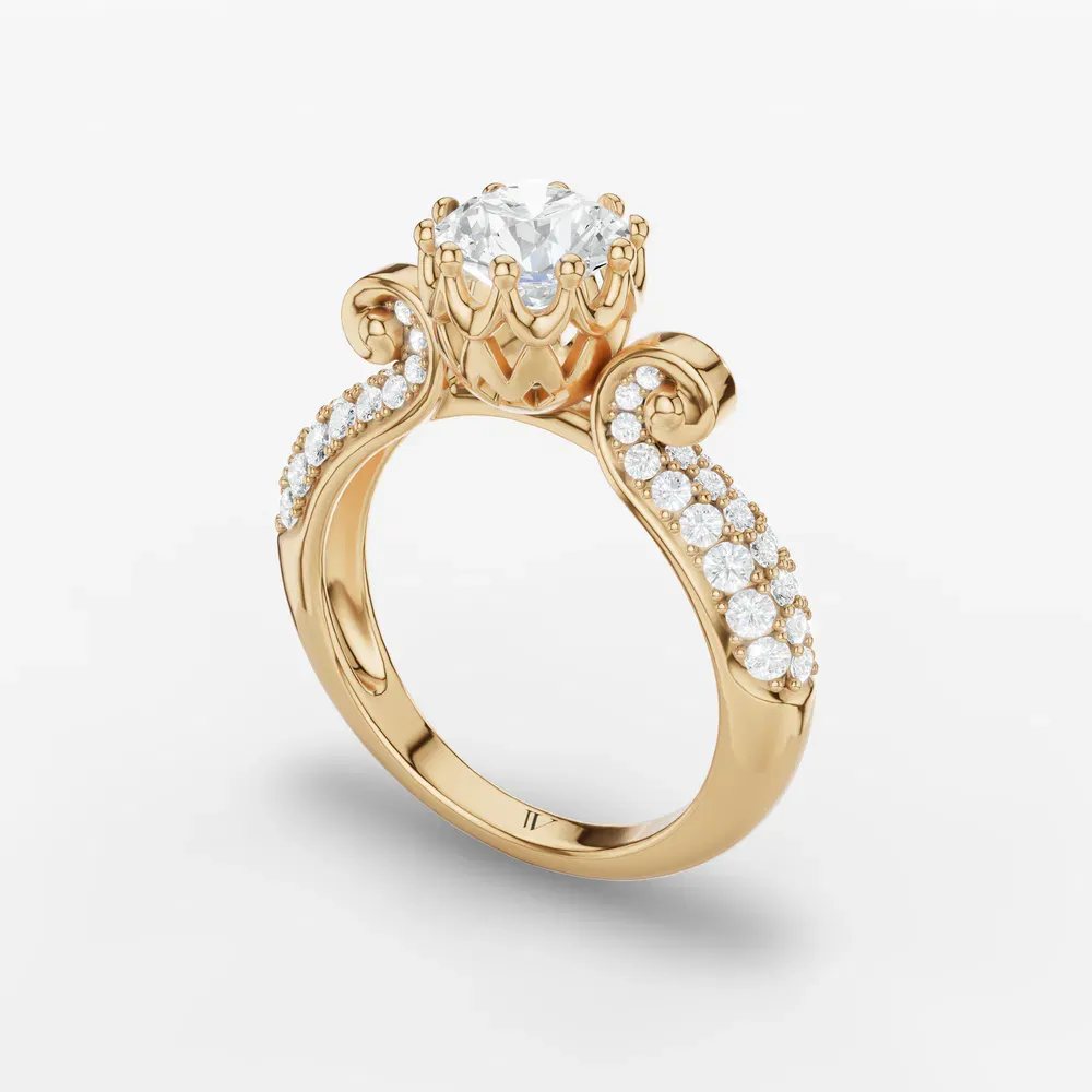 Certified 1 carat Lab Grown Diamond Round Cut Vintage, Unique, Pavé Engagement Ring in 14K Yellow Gold-Mystic