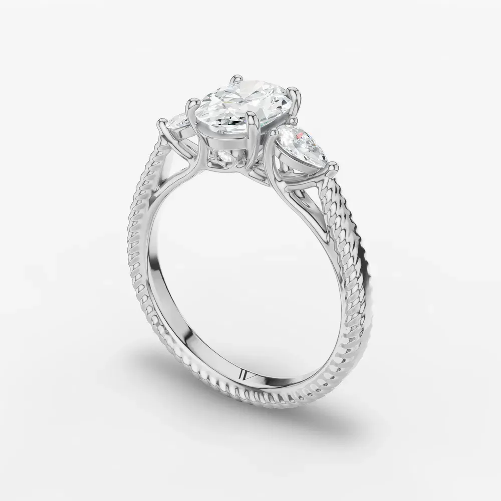 Certified 1 carat Lab Grown Diamond Oval Cut Three Stone, Side Stone Engagement Ring in 14K White Gold-Eeli
