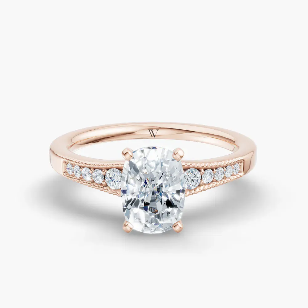 Certified 1 carat Natural Diamond Elongated Cushion Cut Milgrain, Pavé, Side Stone Engagement Ring in 14K Rose Gold-Rosca