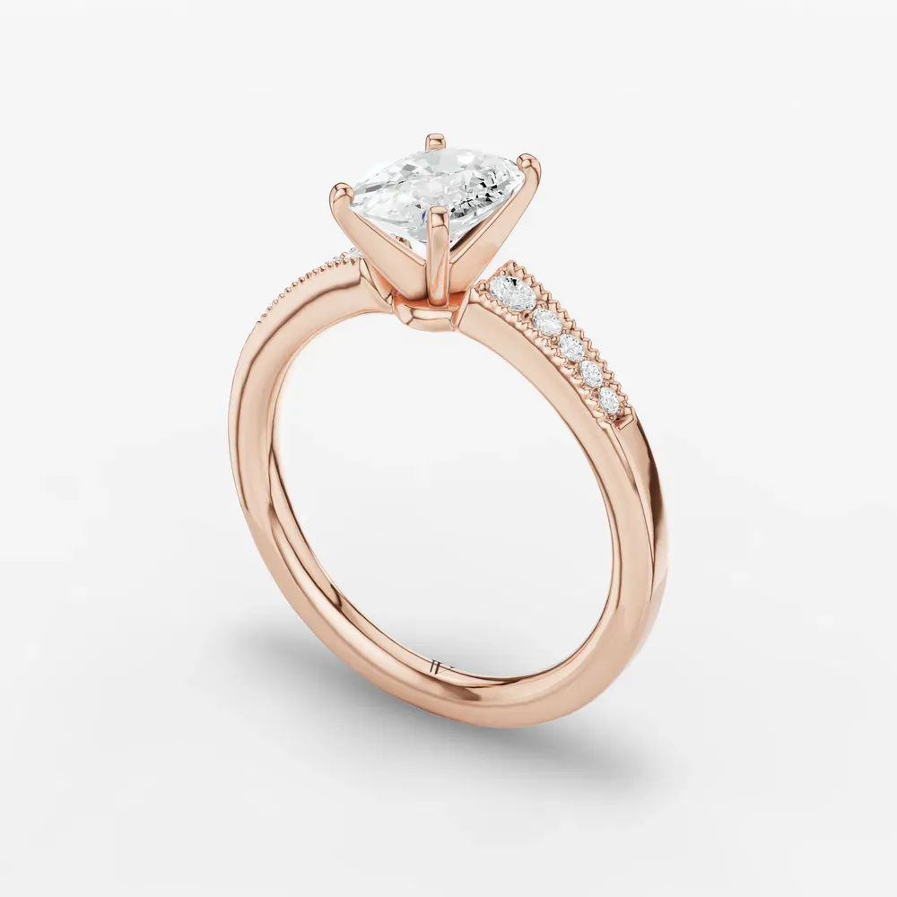 Certified 1 carat Natural Diamond Elongated Cushion Cut Milgrain, Pavé, Side Stone Engagement Ring in 14K Rose Gold-Rosca