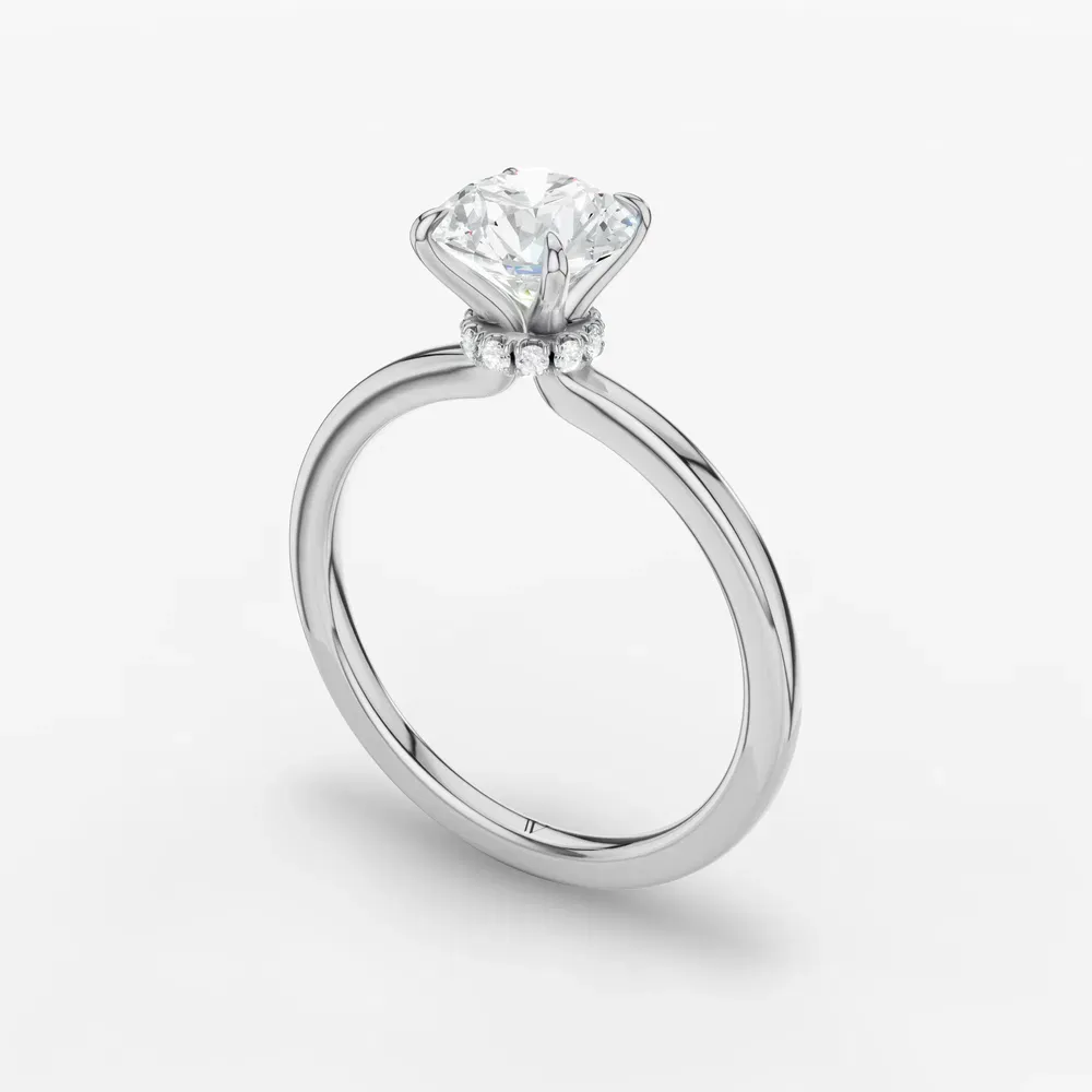 Certified 1 carat Natural Diamond Round Cut Hidden Halo, Four Prong Engagement Ring in 14K White Gold-Helia