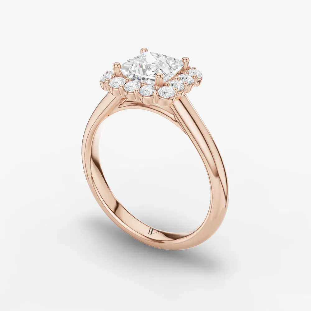 Certified 1 carat Natural Diamond Princess Cut Cathedral, Halo, Floral Engagement Ring in 14K Rose Gold-Arwen