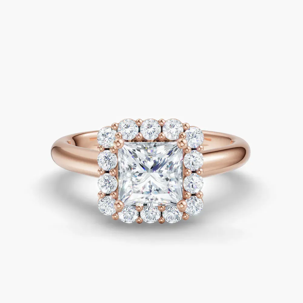 Certified 1 carat Natural Diamond Princess Cut Cathedral, Halo, Floral Engagement Ring in 14K Rose Gold-Arwen